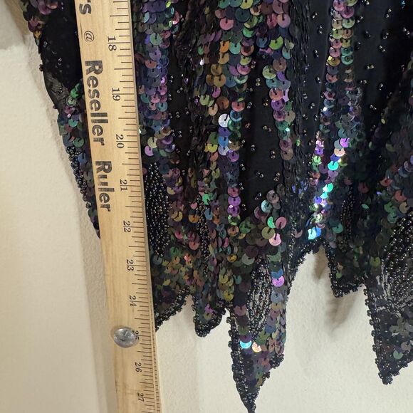 Vintage Iris Sequin Top Womens Medium Black Iridescent Beaded Party Blouse 80s - Picture 7 of 14